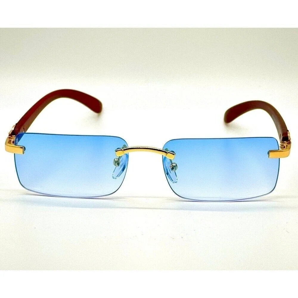Men's Luxury Sky‎ Blue Tint Square Gold Frame Rimless Hip Hop Fashion Sunglasses
